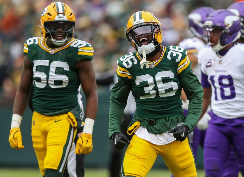 Green Bay Packers cornerback Kamal Hadden (36) celebrates after making a tackle against the Minnesota Vikings on Sunday, November 23, 2025, at Lambeau Field in Green Bay, Wis. 
Tork Mason/USA TODAY NETWORK-Wisconsin