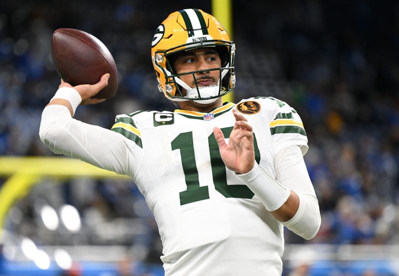 Nov 27, 2025; Detroit, Michigan, USA; Green Bay Packers quarterback Jordan Love (10) throws a pass during warmups prior to the game against the Detroit Lions at Ford Field. Mandatory Credit: Lon Horwedel-Imagn Images