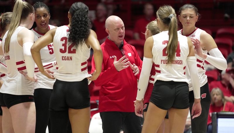 Wisconsin head Kelly Sheffield is shown during their volleyball match Tuesday, September 9, 2025, at the Wisconsin Field House in Madison, Wisconsin. Wisconsin beat UW-Milwaukee 3-0.