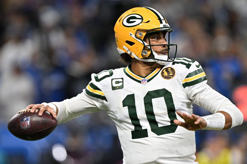 Nov 27, 2025; Detroit, Michigan, USA; Green Bay Packers quarterback Jordan Love (10) throws a pass against the Detroit Lions during the first quarter at Ford Field. Mandatory Credit: Lon Horwedel-Imagn Images
