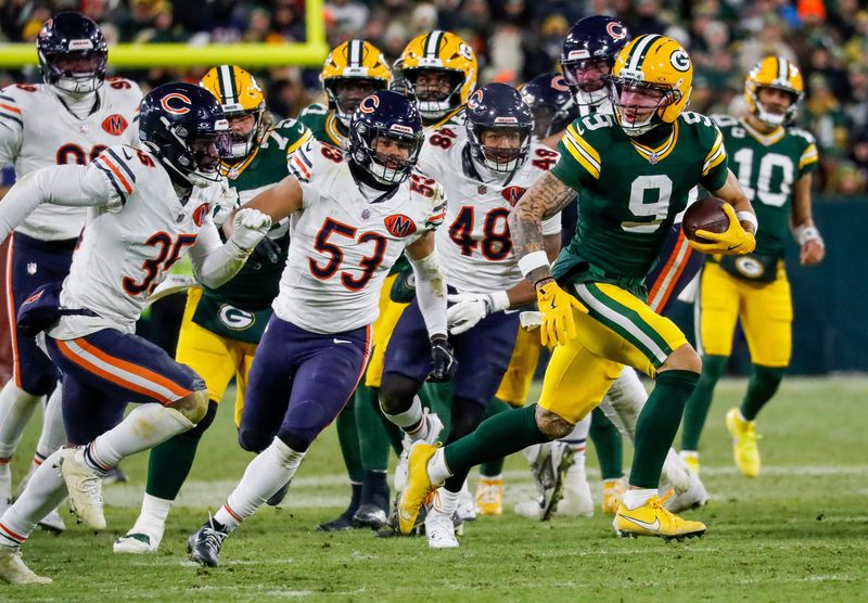 Green Bay Packers wide receiver Christian Watson (9) breaks free for a touchdown reception against the Chicago Bears on Sunday, December 7, 2025, at Lambeau Field in Green Bay, Wis. The Packers won the game, 28-21.
Tork Mason/USA TODAY NETWORK-Wisconsin
