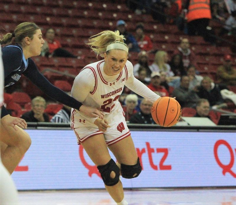 Wisconsin guard Shay Bollin drives to the basket against San Diego Wednesday Dec. 10, 2025 at the Kohl Center in Madison, Wis.