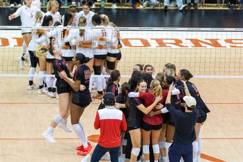 Wisconsin volleyball players celebrate the Badgers' NCAA regional finals win over the Texas Longhorns and Final Four berth on Dec. 14, 2025 at Gregory Gym in Austin, Texas.