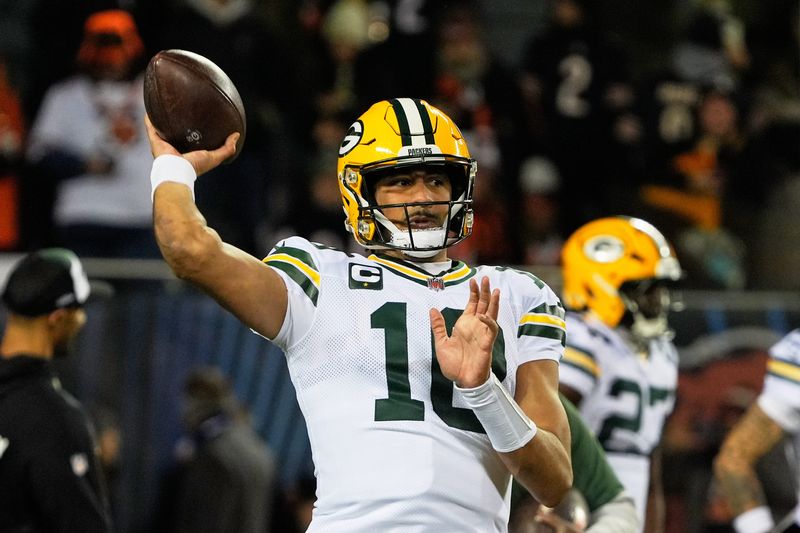 Dec 20, 2025; Chicago, Illinois, USA; Green Bay Packers quarterback Jordan Love (10) warms up before the game against the Chicago Bears at Soldier Field. Mandatory Credit: David Banks-Imagn Images