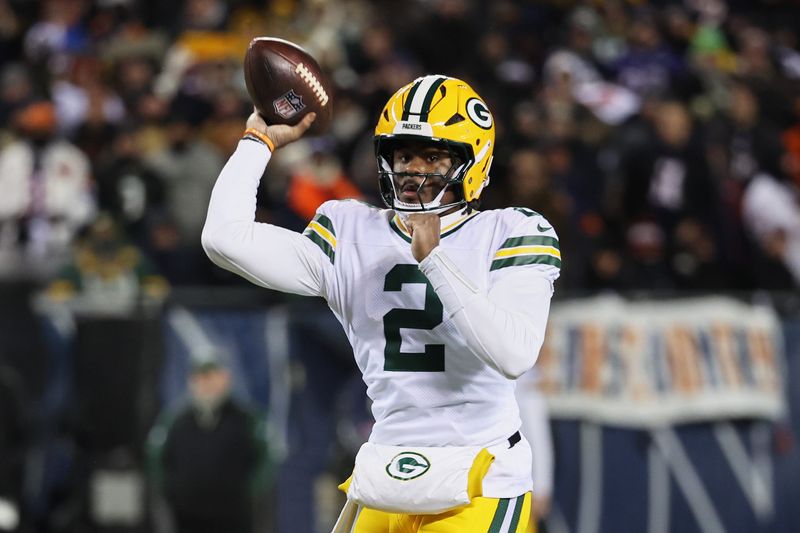 Green Bay Packers quarterback Malik Willis (2) throws a pass against the Chicago Bears during the third quarter at Soldier Field in Chicago on Dec. 20, 2025.