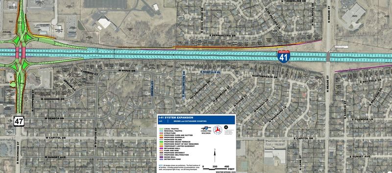 This illustration provided by the Wisconsin Department of Transportation details the forthcoming diverging diamond interchange, which will replace the existing interchange of Richmond Street/State 47 and Interstate 41. The roadways colored blue are marked as such to denote regional traffic, with green for local traffic and pink for new structures, as the overpass will be replaced.