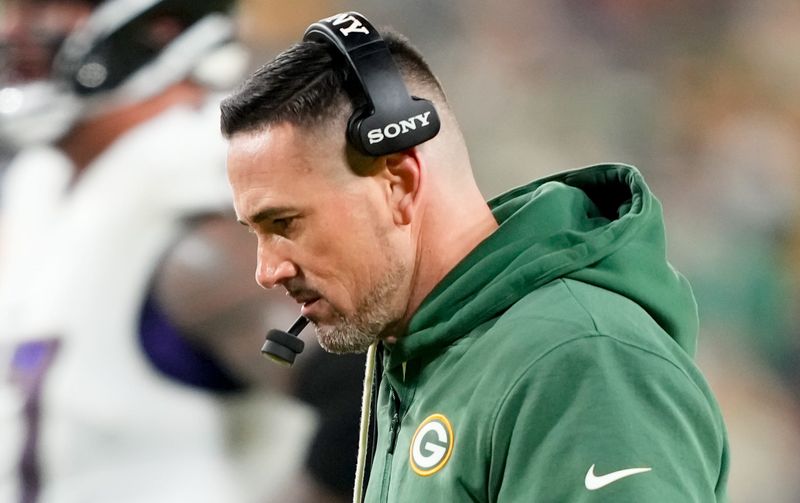 Dec 27, 2025; Green Bay, Wisconsin, USA; Green Bay Packers head coach Matt Lafleur is seen during the second quarter against the Baltimore Ravens at Lambeau Field. Mandatory Credit: Kayla Wolf-Imagn Images