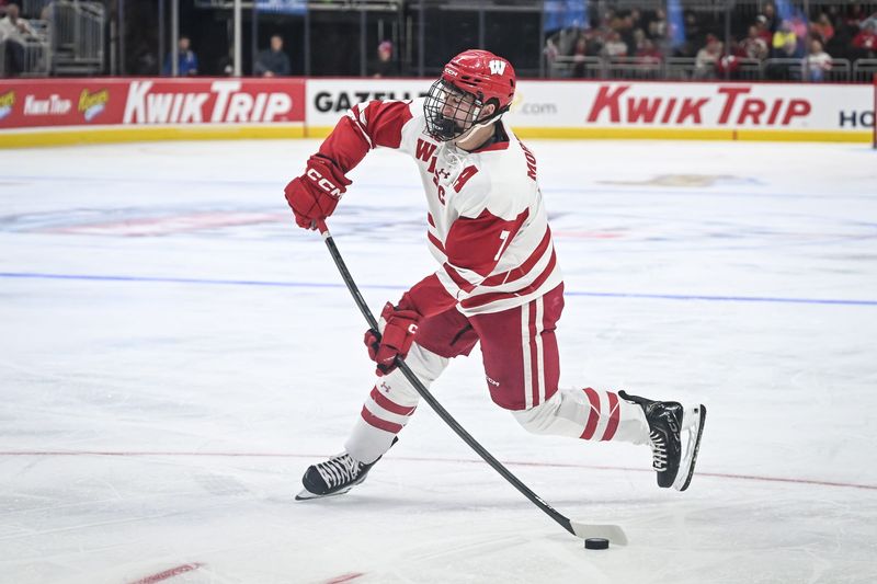Wisconsin center Gavin Morrissey (7) shoots against Lake Superior State in a Kwik Trip Holiday Face-Off semifinal Sunday, December 28, 2025, at Fiserv Forum in MIlwaukee, Wisconsin.