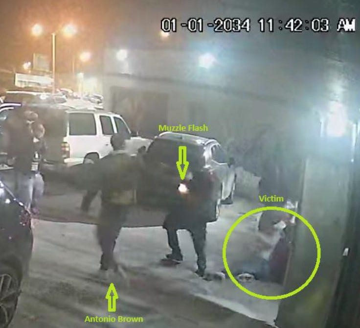 Surveillance video captured this photograph that prosecutors believe shows the fatal Dec. 15, 2025, shooting of LaTroy Harris. Antonio D. Brown faces various charges, including first-degree intentional homicide, in connection with the shooting.