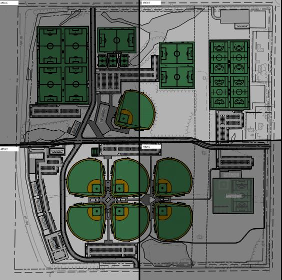 This image illustrates the various athletic fields that would be part of the Breck Athletic Complex in Big Bend. The plan would require a new commercial land-use designation and rezoning of 42 acres. A 155,000-square-foot indoor component is shown in the lower right side.