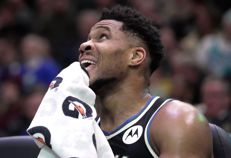 Milwaukee Bucks forward Giannis Antetokounmpo (34) is shown during the first half of their game against the Charlotte Hornets Friday, January 2, 2026 at Fiserv Forum in Milwaukee, Wisconsin.