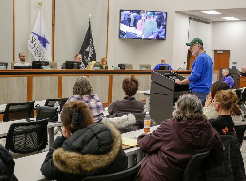 Mark Goswitz, of Sheboygan, gives his views on a purchase and sale contract for land with Amazon.com, LLC during a City of Sheboygan Finance and Personnel Committee meeting Monday, Jan. 12, 2026, in Sheboygan, Wis.