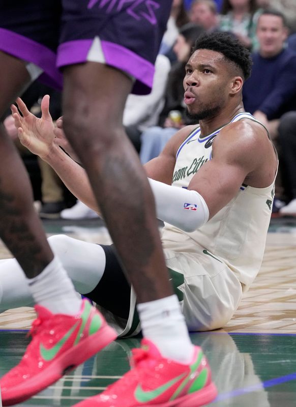 Milwaukee Bucks forward Giannis Antetokounmpo lobbies for a foul during their game against the Minnesota Timberwolves.