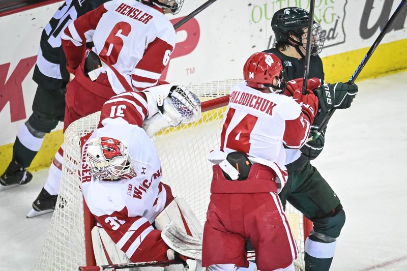 Wisconsin goaltender Daniel Hauser (31) gets knocked into the net in a collision between Wisconsin defenseman Joe Palodichuk (14) and Michigan State forward Porter Martone (22) a game Thursday, January 15, 2026, at the Kohl Center in Madison, Wisconsin.