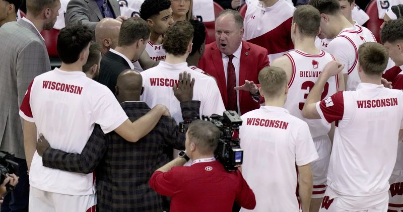 Wisconsin head coach Greg Gard talks to his team during the first half of their game against Rutgers Saturday, January 17, 2026 at the Kohl Center in Madison, Wisconsin.