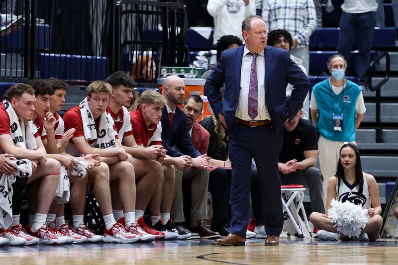 Jan 22, 2026; University Park, Pennsylvania, USA; Wisconsin Badgers head coach Greg Gard during the first half against the Penn State Nittany Lions at Rec Hall. Mandatory Credit: Matthew O'Haren-Imagn Images