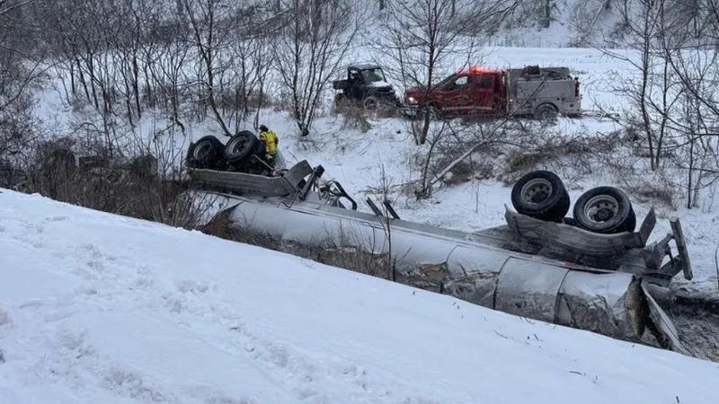 The driver of this overturned milk tanker was seriously injured in a crash on on Highway 33 outside of Cashton in western Wisconsin on January 21, 2026.
