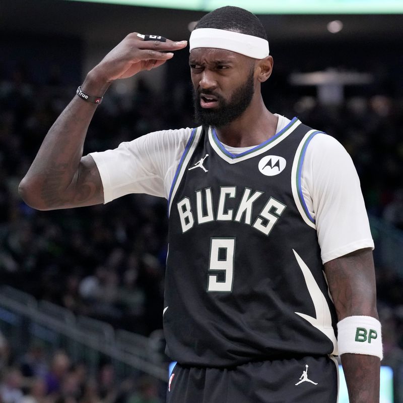 Milwaukee Bucks forward Bobby Portis reacts after hitting a three-point basket.