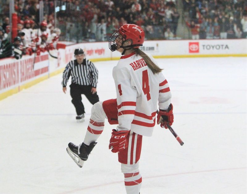 Wisconsin's Caroline Harvey celebrates after scoring a goal during the first period against Bemidji State Saturday Jan. 24, 2026 at LaBahn Arena in Madison, Wis.
