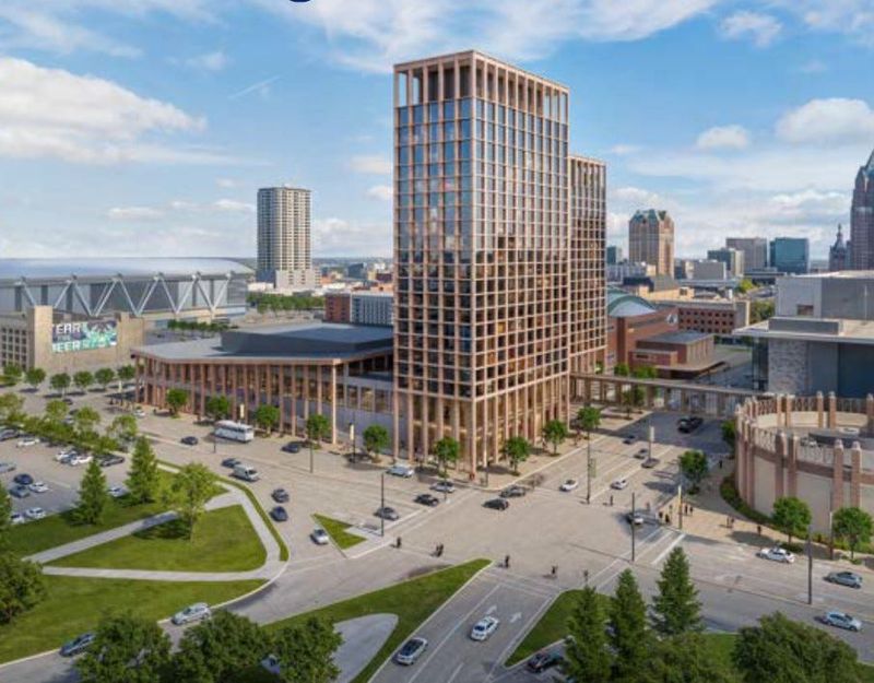 A new Wisconsin Center District study shows a 650-room hotel and other new uses at the current Miller High Life Theatre site.