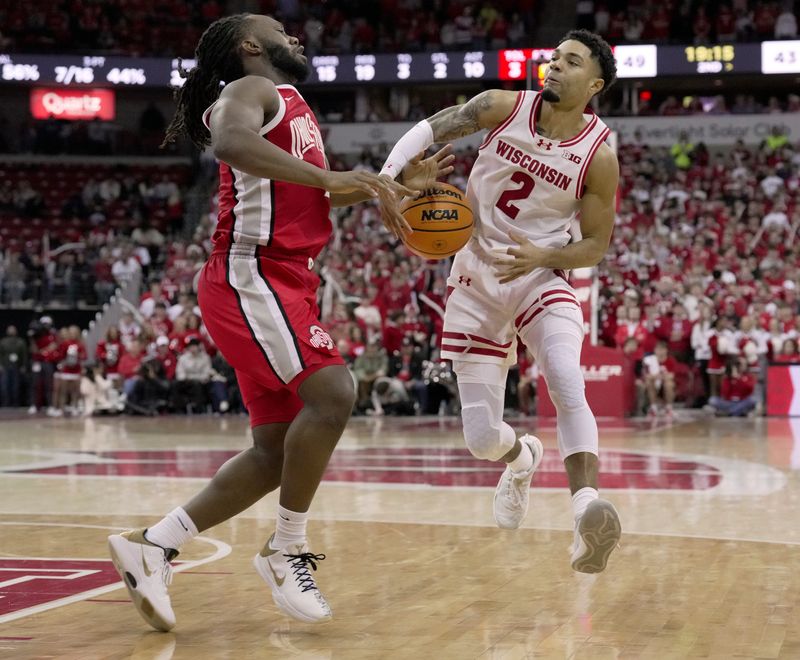 Wisconsin's Nick Boyd is guarded by Ohio State's Bruce Thornton during their game Jan. 31 at the Kohl Center. Thornton had 17 points but the Badgers might be able to put more defensive pressure on him with John Mobley Jr. out with a hand injury.  The teams meet again Tuesday, Feb. 17.
