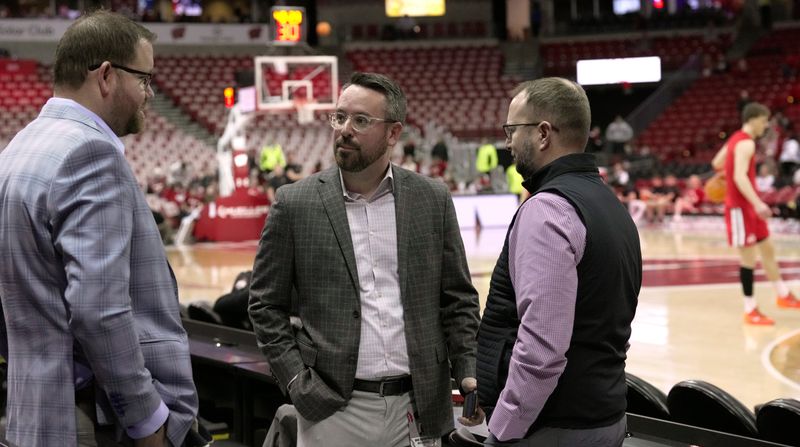 Wisconsin men's basketball general manager Marc VandeWettering, center, is shown before their game against Ohio State Saturday, January 31, 2026 at the Kohl Center in Madison, Wisconsin.