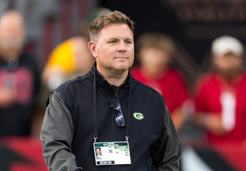 Oct 19, 2025; Glendale, Arizona, USA; Green Bay Packers general manager Brian Gutekunst against the Arizona Cardinals at State Farm Stadium. Mandatory Credit: Mark J. Rebilas-Imagn Images