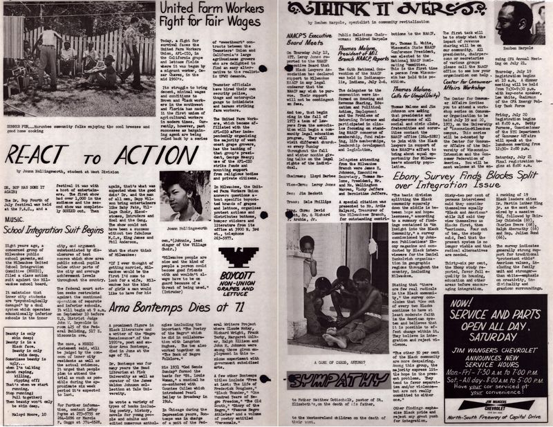 Inner pages of an edition of the Harambee Shopper from the 1970s. The pages include an article entitled "United Farm Workers Fight for Fair Wages," an obituary for Arna Bontemps, advertisements and a column by Reuben Harpole entitled "Think it over."