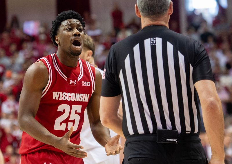 Wisconsin's John Blackwell (25) disagrees with a call during the Indiana versus Wisconsin men's basketball game at Simon Skjodt Assembly Hall on Saturday, Feb. 7, 2026.