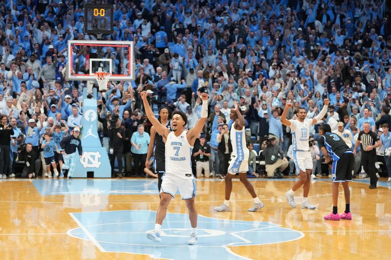 Former Menomonee Falls High School standout Seth Trimble (7) celebrates after hitting the winning shot for North Carolina against Duke in February.