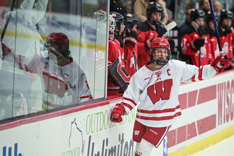 Wisconsin right wing Lacey Eden (6) celebrates her goal against Ohio State during the first period in a game Sunday, February 8, 2026, at LaBahn Arena in Madison, Wisconsin.