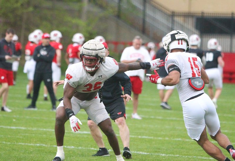 Wisconsin linebacker Jake Chaney (36) works against Sebastian Cheeks (15) during a pass coverage drill during the team's final spring practice, which was held on the field north of Camp Randall Stadium on Thursday May 2, 2024 in Madison, Wisconsin.