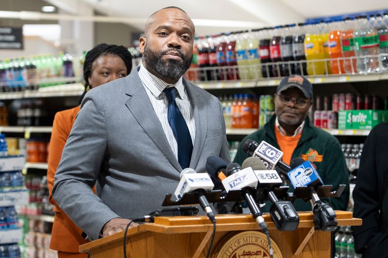 Ald. Russell Stamper speaks about food access challenges during a press conference at the Sentry Foods grocery store on 9210 West Lisbon Ave. on Feb. 9, 2026, in Milwaukee, Wisconsin. - Angelica Edwards / The Milwaukee Journal Sentinel