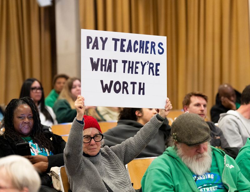 Members of the Milwaukee Teachers Education Association (MTEA) attend a Milwaukee Public Schools board meeting regarding a budget proposal on Tuesday February 10, 2026 at the Milwaukee Public Schools Central Office in Milwaukee, Wisconsin. MTEA is in support of full CPI, salary steps and no cuts to healthcare