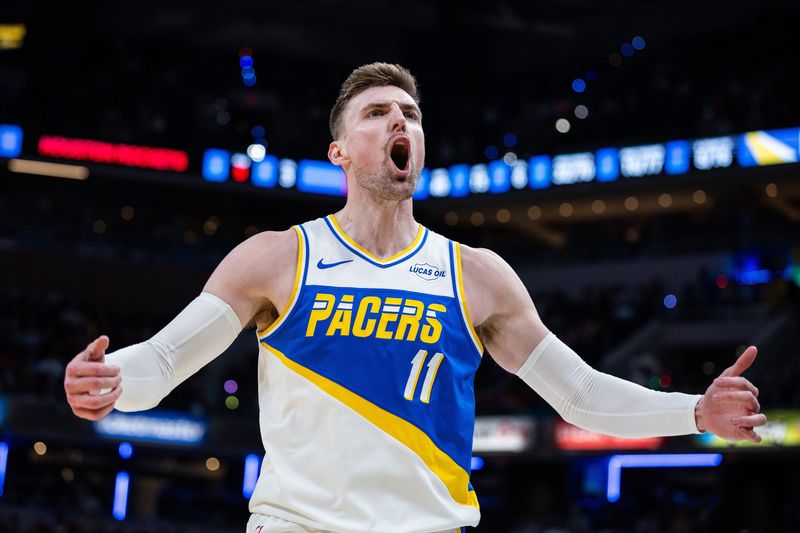 Feb 2, 2026; Indianapolis, Indiana, USA; Indiana Pacers center Micah Potter (11) reacts in the second half against the Houston Rockets at Gainbridge Fieldhouse. Mandatory Credit: Trevor Ruszkowski-Imagn Images