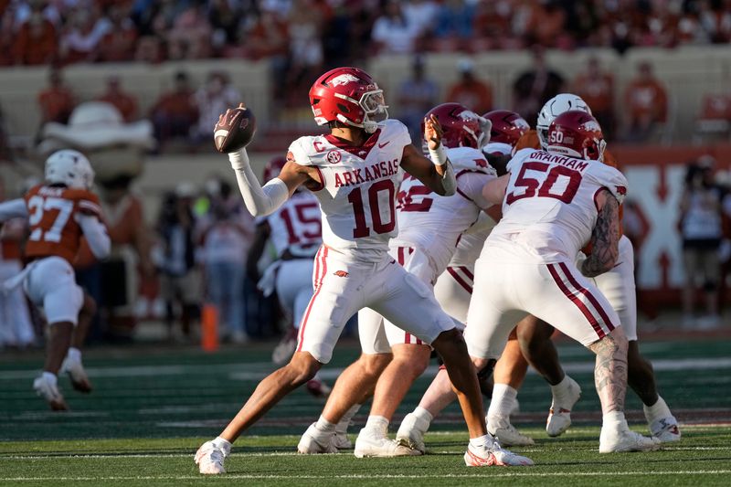 Nov 22, 2025; Austin, Texas, USA; Arkansas Razorbacks quarterback Taylen Green (10) throws a pass during the first half against the Texas Longhorns at Darrell K Royal-Texas Memorial Stadium. Mandatory Credit: Scott Wachter-Imagn Images