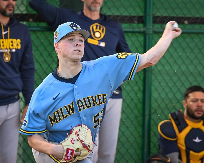 Milwaukee Brewers pitcher Kyle Harrison (52) throws in the bullpen during spring training workouts Saturday, February 14, 2026, at American Family Fields of Phoenix in Phoenix, Arizona.