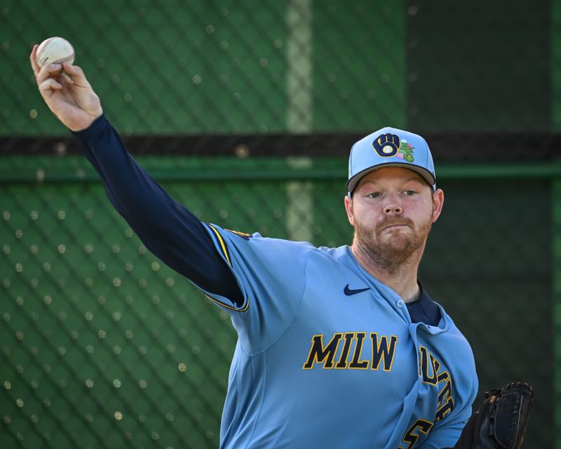 Milwaukee Brewers pitcher Brandon Woodruff (53) throws in the bullpen during spring training workouts Saturday, February 14, 2026, at American Family Fields of Phoenix in Phoenix, Arizona.