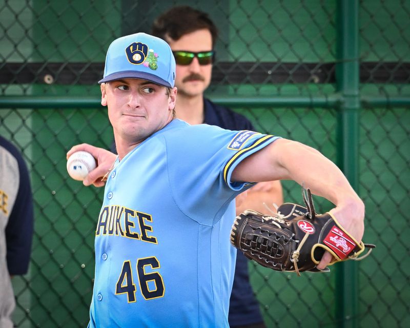 Milwaukee Brewers pitcher Quinn Priester (46) throws in the bullpen during spring training workouts Sunday, February 15, 2026, at American Family Fields of Phoenix in Phoenix, Arizona.