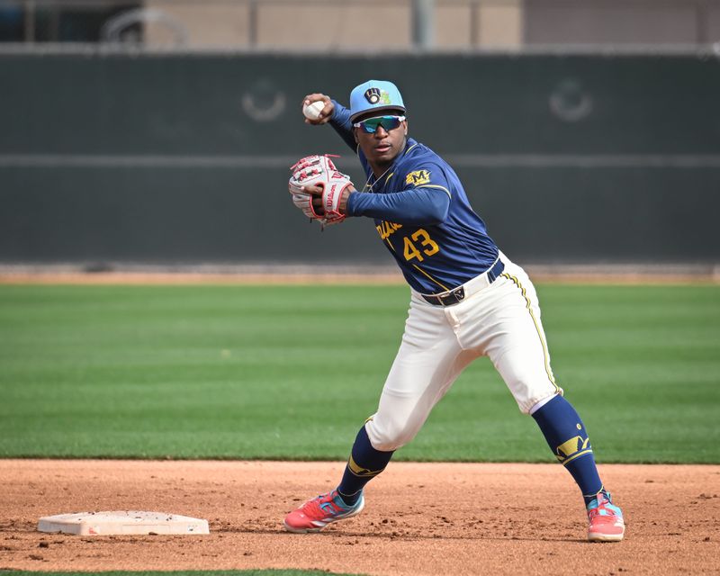 Milwaukee Brewers infield prospect Luis Pena throws to first in a double-play drill during spring training workouts Sunday, February 15, 2026, at American Family Fields of Phoenix in Phoenix, Arizona.
