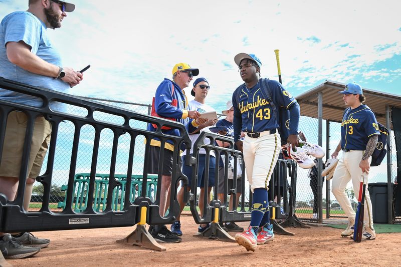 Milwaukee Brewers infield prospect Luis Pena walks between drills during spring training workouts Sunday, February 15, 2026, at American Family Fields of Phoenix in Phoenix, Arizona.