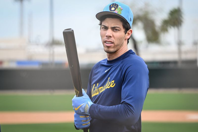 Milwaukee Brewers outfielder Christian Yelich (22) prepares to hit during spring training workouts Monday, February 16, 2026, at American Family Fields of Phoenix in Phoenix, Arizona.