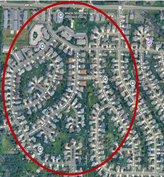 Fond du Lac police shared this map detailing the area around an overnight break-in on Primrose Lane Feb. 17, 2026. A man reportedly entered a home around 2 a.m. and detectives plan to canvas the neighborhood and review surveillance and doorbell camera footage.