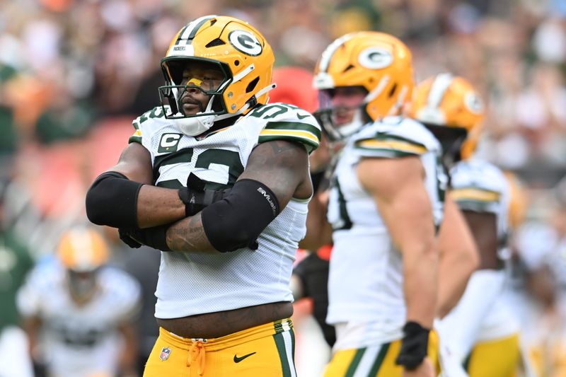 Sep 21, 2025; Cleveland, Ohio, USA; Green Bay Packers defensive end Rashan Gary (52) celebrates after a sack against the Cleveland Browns during the second half at Huntington Bank Field. Mandatory Credit: Ken Blaze-Imagn Images
