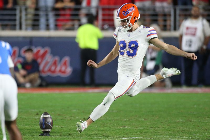 Nov 15, 2025; Oxford, Mississippi, USA; Florida Gators kicker Trey Smack (29) kicks off during the first quarter against the Mississippi Rebels at Vaught-Hemingway Stadium. Mandatory Credit: Petre Thomas-Imagn Images
