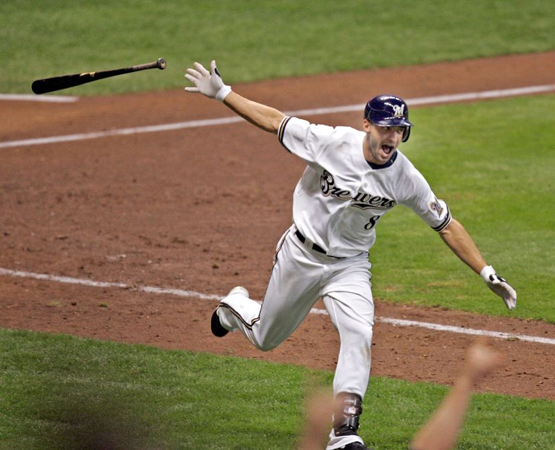 Milwaukee Brewers' Ryan Braun celebrates after hitting a walk-off grand slam home run in the 10th inning against the Pittsburgh Pirates at Miller Park Thursday, September 25, 2008.