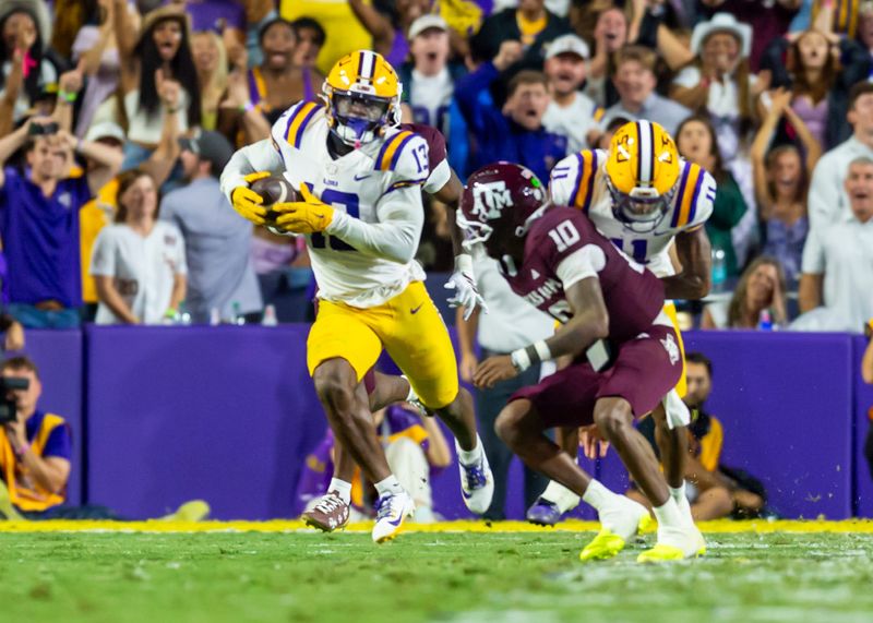 Safety AJ Haulcy 13 interception as LSU Tigers take on the Texas A&M Aggies. October 25, 2025; Baton Rouge, Louisiana, USA; at Tiger Stadium.