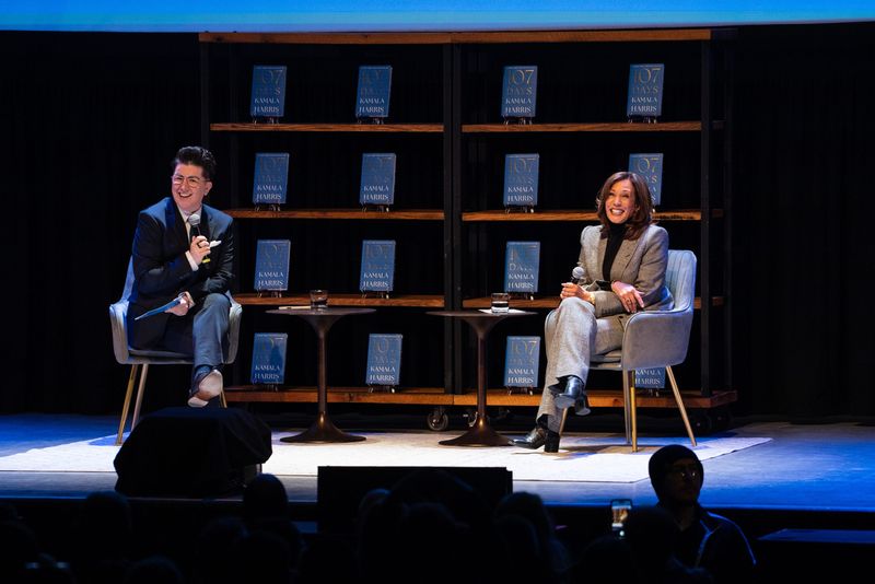 V Spehar introduces former Vice President Kamala Harris during a visit to the Orpheum Theater to promote her book “107 Days” on the afternoon of March 1, 2026 in Madison, Wisconsin.