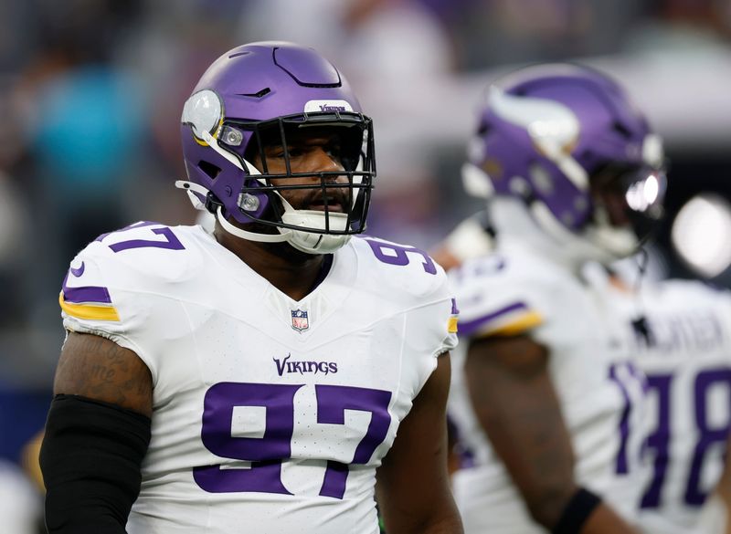 INGLEWOOD, CALIFORNIA - OCTOBER 23: Javon Hargrave #97 of the Minnesota Vikings during warm up before the game between the Minnesota Vikings and the Los Angeles Chargers at SoFi Stadium on October 23, 2025 in Inglewood, California. (Photo by Harry How/Getty Images)