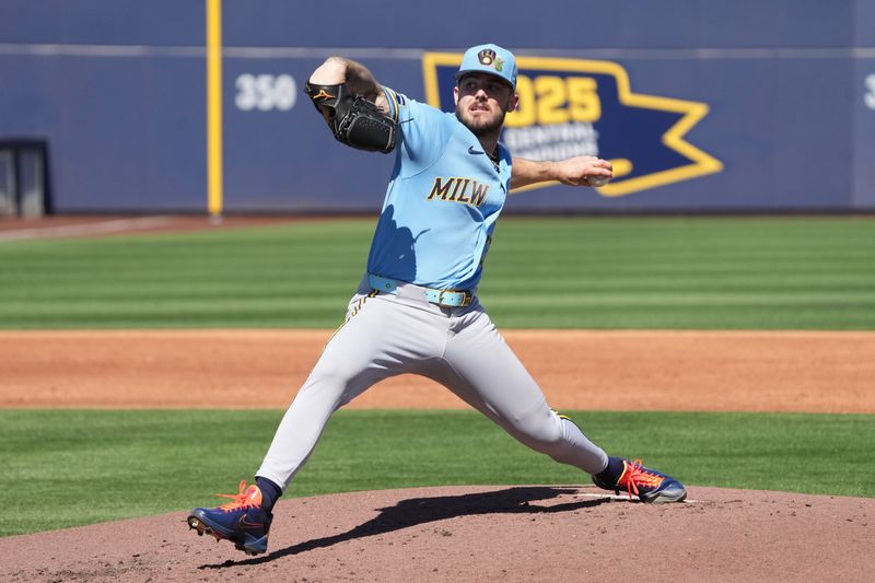 Mar 3, 2026; Phoenix, AZ, USA; Milwaukee Brewers pitcher DL Hall throws in the first inning at the American Family Fields. Mandatory Credit: Rick Scuteri-Imagn Images